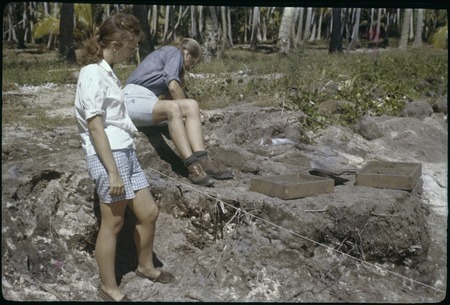 Moorea archaeological excavation, Phillips site: Ann Rappaport and Kaye Green at work