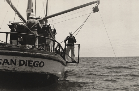 Boat taking samples for scientists at Scripps Institution of Oceanography. November 23, 1935