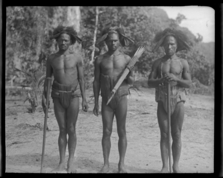 Takeika,Tekasua &amp; Tahua, three men of Rennell, with staffs and arrows
