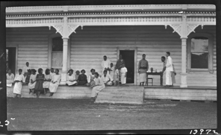 Group on verandah of royal palace, Tongatapu