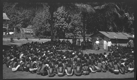 Hookworm lecture, probably to group of plantation workers