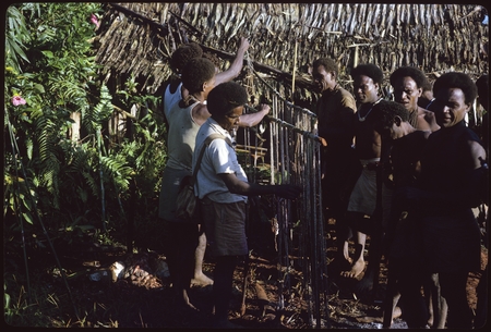 Group of men around a shell money payment, probably a bride price wa&#39;i payment