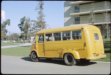 First and only UCSD school bus in front of Urey Hall