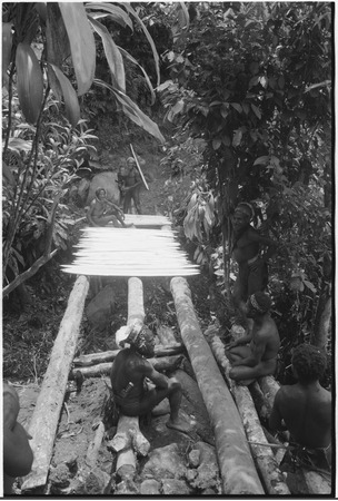 Bridge-building: men place planks for deck