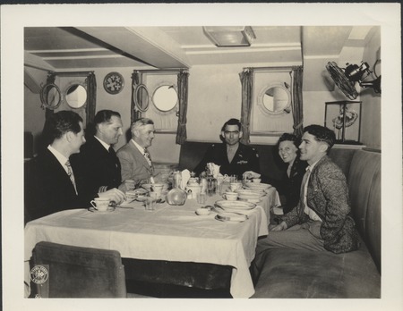 Dining during a ceremony marking success of Antarctic whaling expedition by the Japanese Hashidate Maru whaling factory sh...