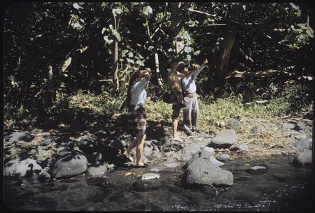 Orofere Valley, Tahiti: Ann Rappaport, Kenneth Emory and Yosihiko Sinoto by a stream