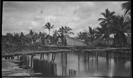 Stilted walkway over water, and houses in a village in Gulf Province
