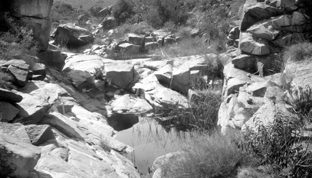 Two pools in a rocky step below junction of Tule Spring canyon