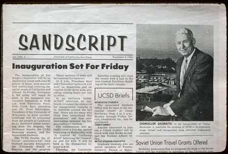 &quot;Sandscript,&quot; a UCSD newspaper announcing Chancellor Galbraith&#39;s inauguration