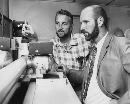 Gamma Ray Measurement - Dr. Richard P. Von Herzen, left and Dr. Arthur E. Maxwell, of Woods Hole Oceanographic Institution...