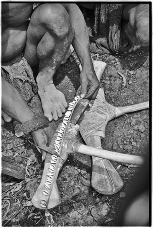 Ritual exchange: man measures strand of cowrie shells against blade of stone axe