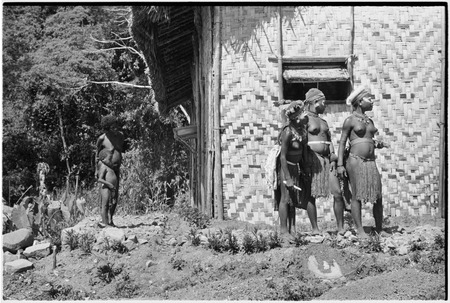 Courtship: decorated adolescent girls in front of the Cooks&#39; house, mother and child look inside house