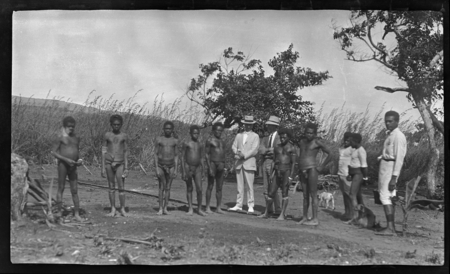 Malekula men, with British Commissioner Geoffrey Smith-Rewse, missionary Parker, and Malakai Veisamasama