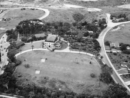 Aerial view of Building X, used by the University of California Division of War Research (UCDWR) as a WWII research labora...