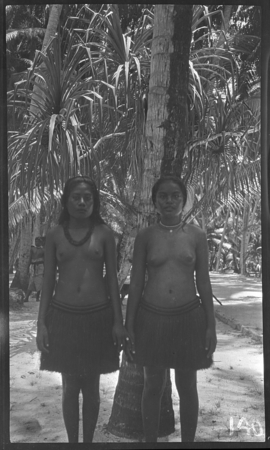 Two women in necklaces and grass skirts