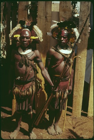 Mount Hagen show: elaborately decorated men wearing wigs, kina shell pendants and other finery