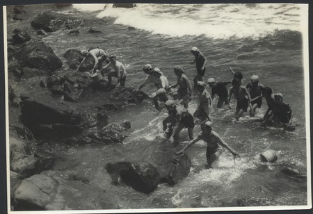 Kamogawa women dive for seaweed, abalone, &amp; oysters. Japan, c1947