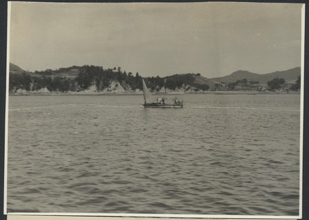 Fishing boat using cormorant diving birds to fish. Japan, late 1940s