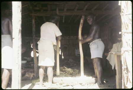 Men with long wooden food bowl, mashing up food