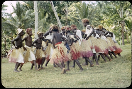 Dancers in grass skirts and matching headress; some with western dress or tops, and white handkerchiefs tied around head o...
