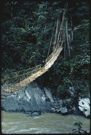 Jimi River area, narrow cane suspension bridge over a river