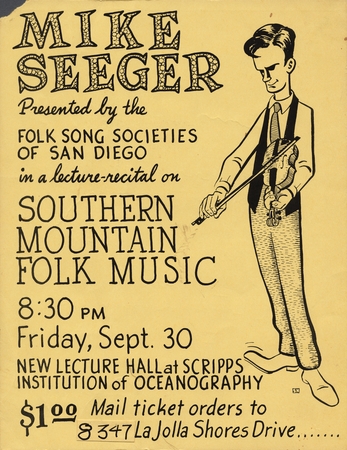 Poster for performance by folk singer Mike Seeger at Scripps Institution of Oceanography