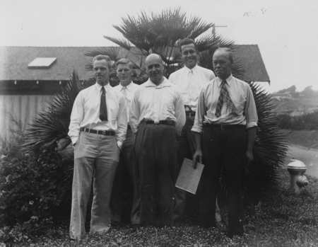 Group portrait on the campus of Scripps Institution of Oceanography. From left to right: Norris W. Rakestraw, unidentified...