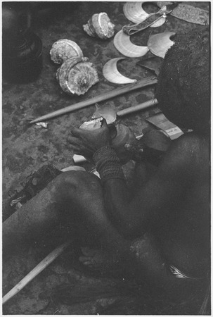 Ritual exchange, Tsembaga: man examines shell valuable, steel axes and other shells in background
