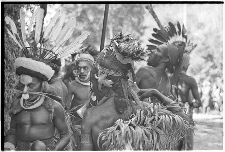 Pig festival, pig sacrifice, Kompiai: war allies at ritual fence, note wig and headdress worn by man at left