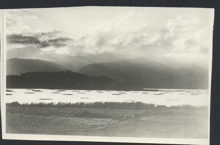 Oyster growing rafts on Lake Kamo on Sado Island. Japan, late 1940s