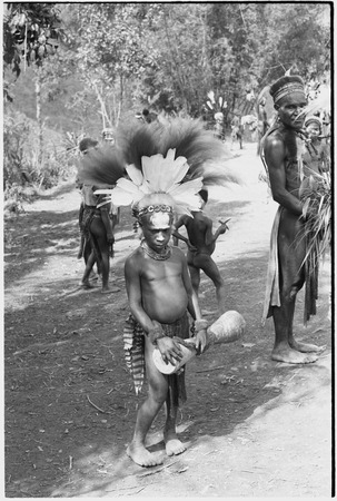 Pig festival, singsing, Kwiop: decorated boy with feather headdress and kundu drum