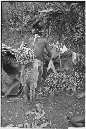 Pig festival, stake-planting, Tuguma: man with hornbill beak ornament builds elevated oven