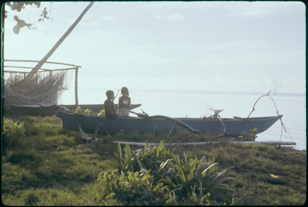 Children with an outrigger canoe, Moorea
