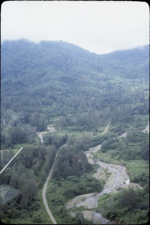 Kimil River, road and mountain pass: aerial view