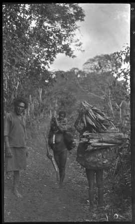 People with firewood and netbag full of tubers, in mountains of Central Province