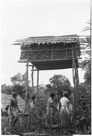 Men standing under raised house at feast.