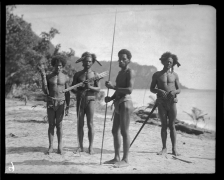 Portrait of Rennell Island men holding hunting weapons
