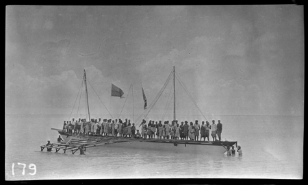 Kiribati canoe that has just been launched, 78 feet long