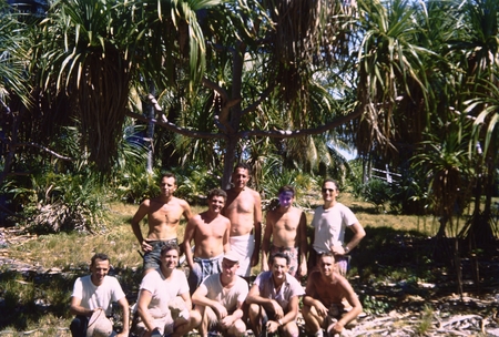 Midpac Expedition scientific party at Bikini. Front row: Jeffery Frautschy, Robert Dietz, H. William Menard, Kenneth O. Em...