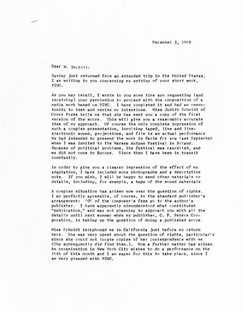 Ping: Correspondence: Letter from Roger Reynolds to Samuel Beckett; page 1