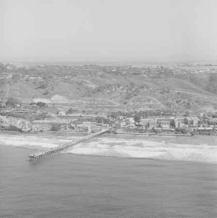 Aerial view of Scripps Institution of Oceanography and pier, facing east