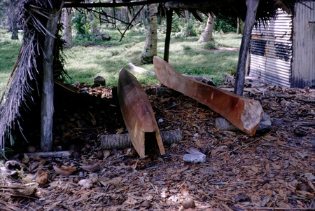 Native canoes on an island in the Caroline Islands during the Carmarsel Expedition