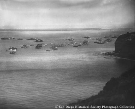 Bird&#39;s-eye view of fishing boats anchored off Point Loma