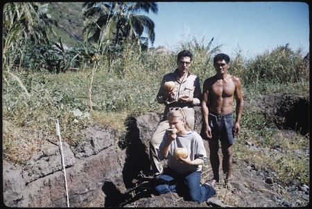 Roy and Ann Rappaport with archaeologist Yosihiko Sinoto at archaeological site, Tahiti