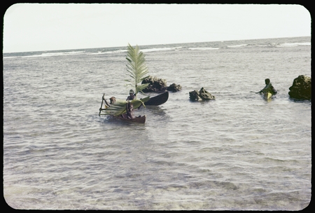 Children in canoes with large leaves