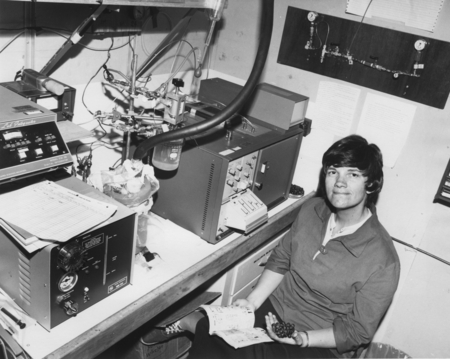 Geochemist Jean Whelan of Woods Hole Oceanographic Institution, Massachusetts, aboard D/V Glomar Challenger (ship ) and pa...