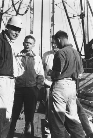 Roger Revelle, Willard Bascom, Gustaf Arrhenius and Walter Munk on CUSS I during preliminary drilling for Project Mohole, ...