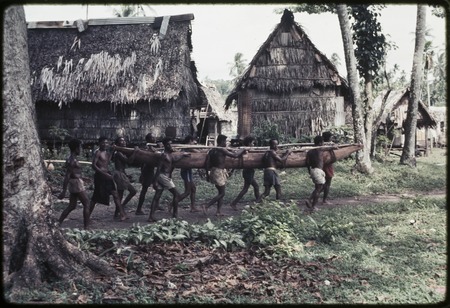 Canoe-building: men carry a new canoe through Tukwaukwa village on Kiriwina