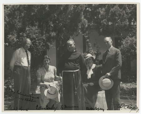 Cave Couts, Mrs. Copley, Father Dominic O&#39;Keefe, Lillian Bradley, and Ira C. Copley at Guajome Ranch