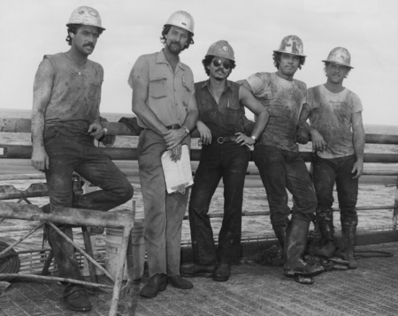 Drilling crew of the research vessel D/V Glomar Challenger (ship) during the Deep Sea Drilling Project. 1983.